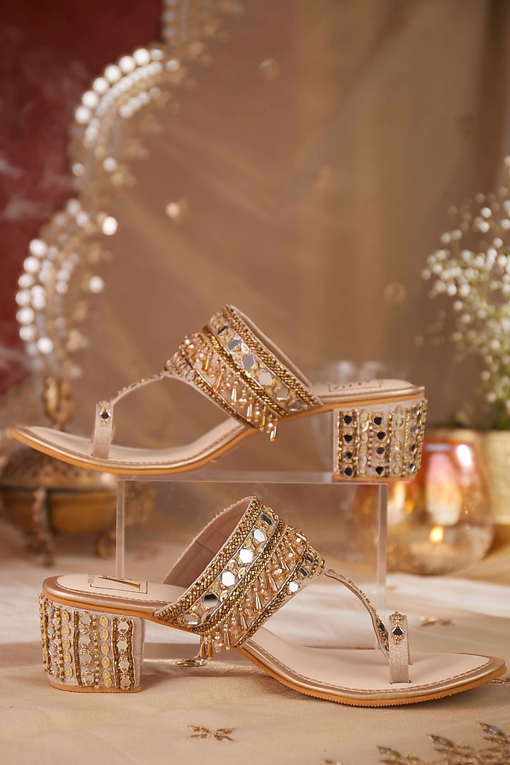 Gold Silk Dupion Crystal Tassel & Mirror Work Block Heels by House of Vian at Pernia's Pop Up Shop