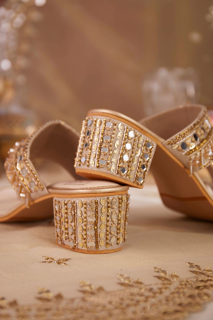 Gold Silk Dupion Crystal Tassel & Mirror Work Block Heels by House of Vian at Pernia's Pop Up Shop