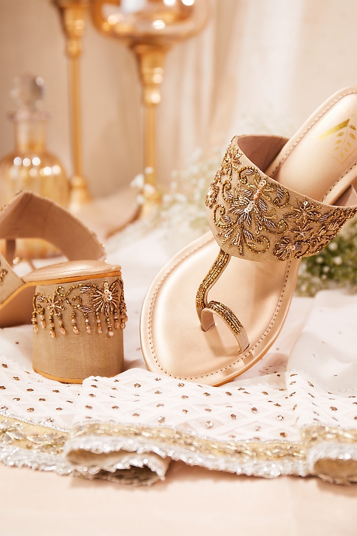 Gold Silk Dupion Dabka & Floral Embroidered Block Heels by House of Vian at Pernia's Pop Up Shop