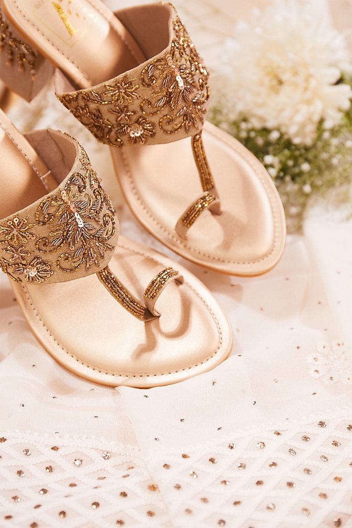 Gold Silk Dupion Dabka & Floral Embroidered Block Heels by House of Vian at Pernia's Pop Up Shop