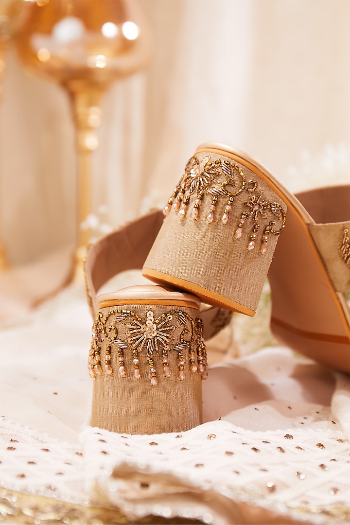 Gold Silk Dupion Dabka & Floral Embroidered Block Heels by House of Vian at Pernia's Pop Up Shop