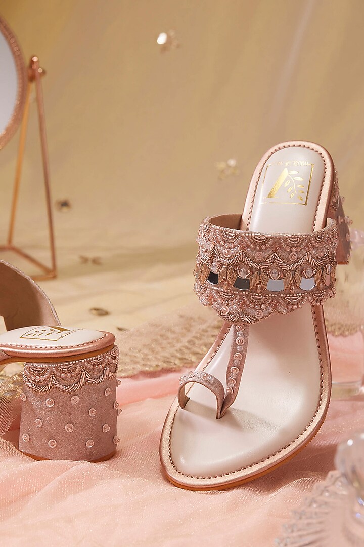 Rose Gold Shimmer Crepe Mirror Work Block Heels by House of Vian at Pernia's Pop Up Shop