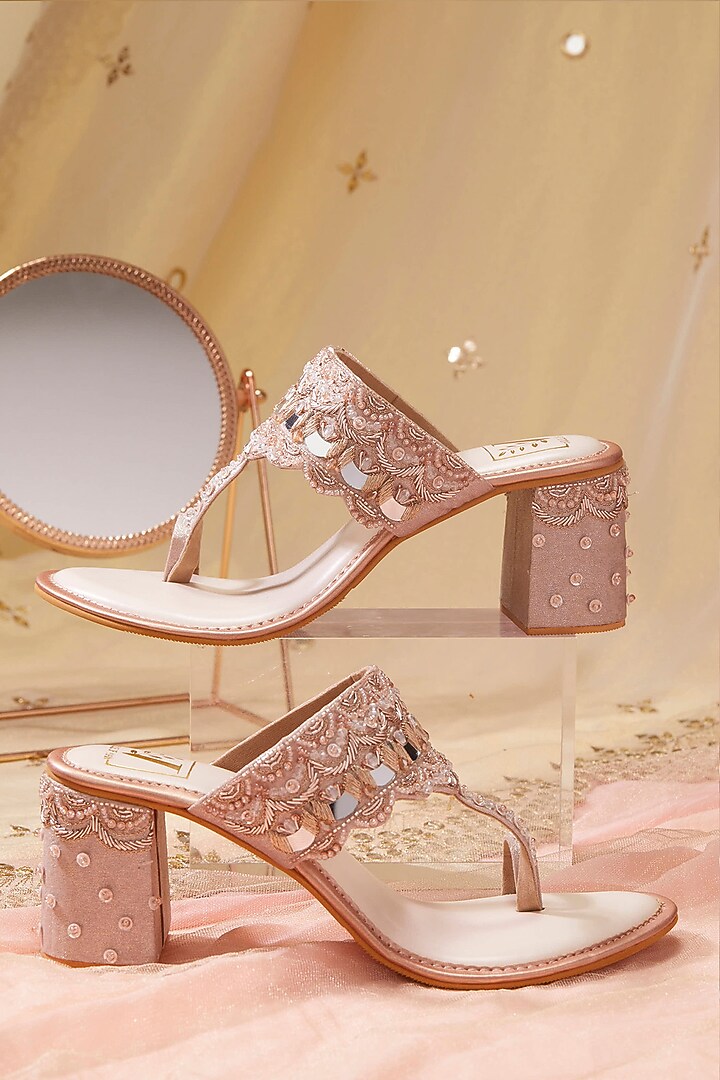 Rose Gold Shimmer Crepe Mirror Work Block Heels by House of Vian at Pernia's Pop Up Shop