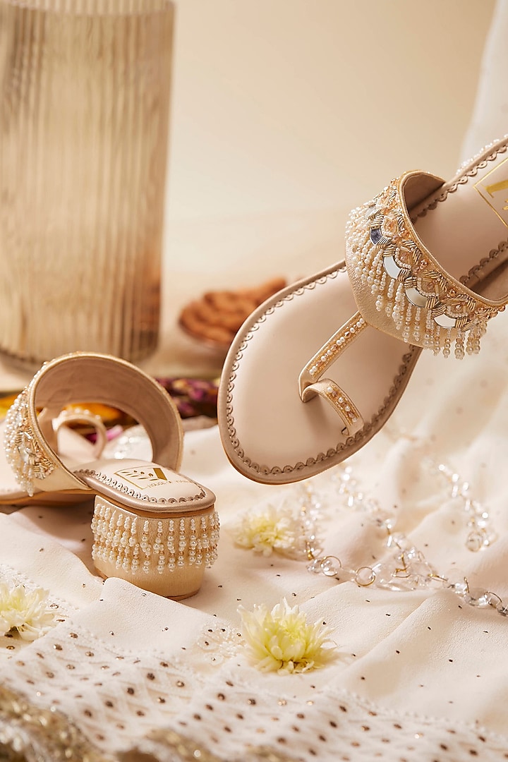 Gold Satin Mirror Work Block Heels by House of Vian at Pernia's Pop Up Shop