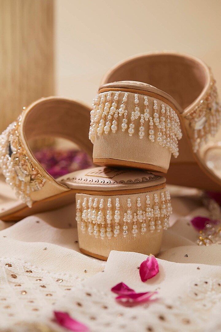Gold Satin Mirror Work Block Heels by House of Vian at Pernia's Pop Up Shop