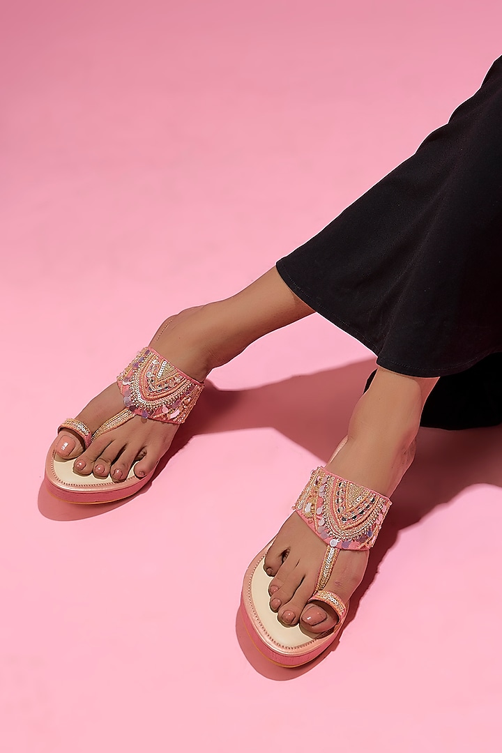 Pink Dupion Silk Embelished Wedges by House of Vian at Pernia's Pop Up Shop