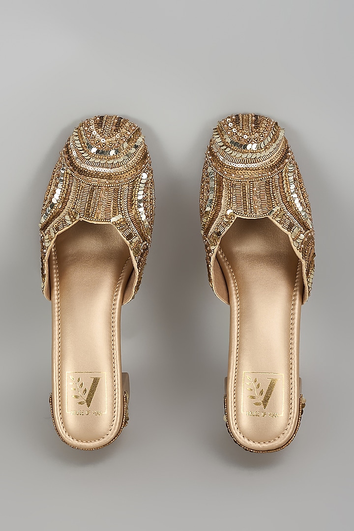 Gold Dupion Silk Geometric Embellished Mule Heels by House of Vian at Pernia's Pop Up Shop