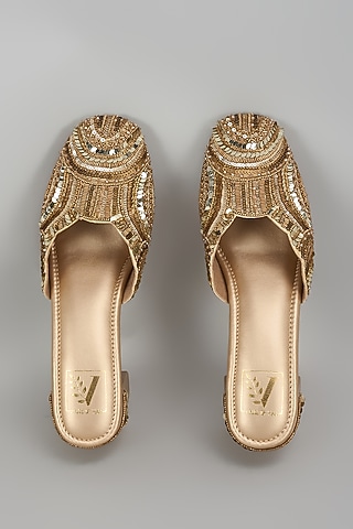 Gold Dupion Silk Geometric Embellished Mule Heels by House of Vian