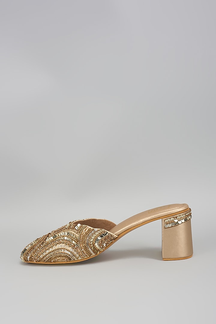 Gold Dupion Silk Geometric Embellished Mule Heels by House of Vian at Pernia's Pop Up Shop