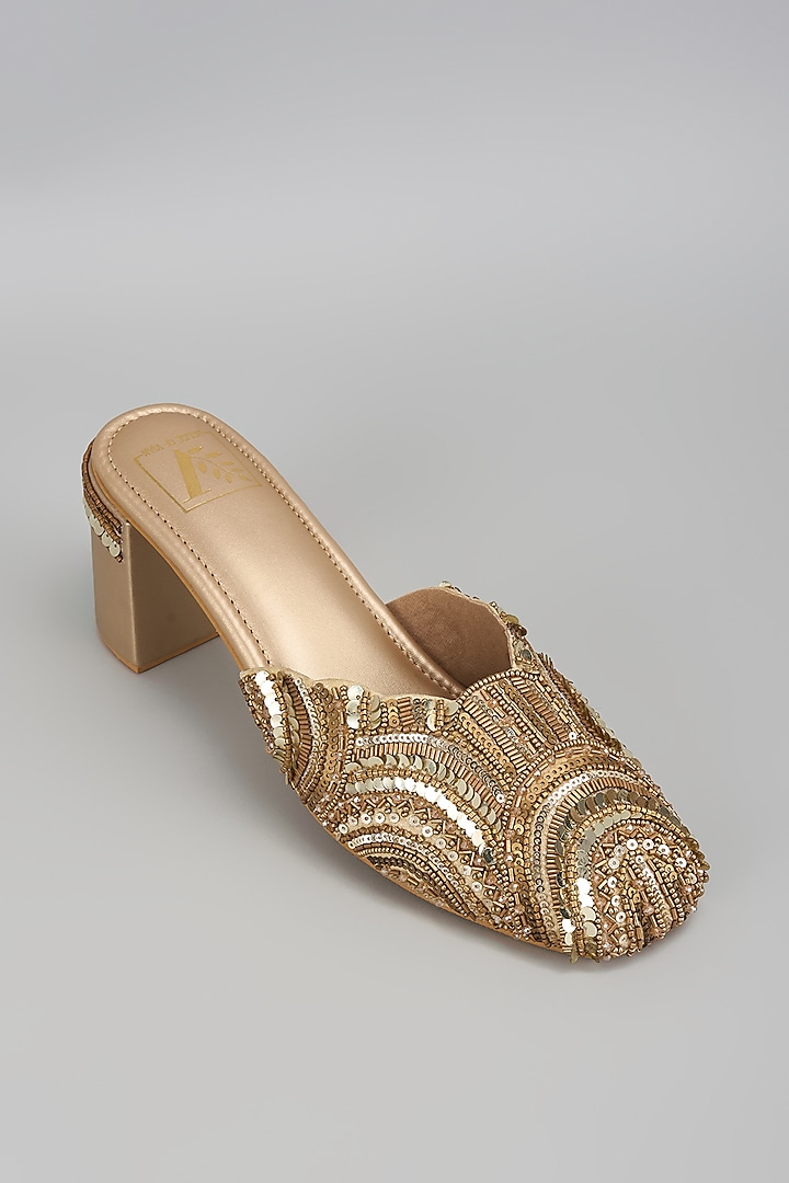 Gold Dupion Silk Geometric Embellished Mule Heels by House of Vian at Pernia's Pop Up Shop
