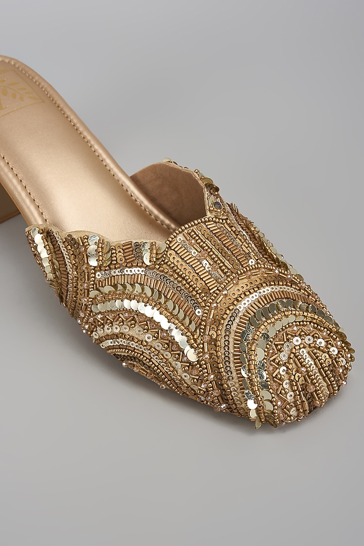 Gold Dupion Silk Geometric Embellished Mule Heels by House of Vian at Pernia's Pop Up Shop