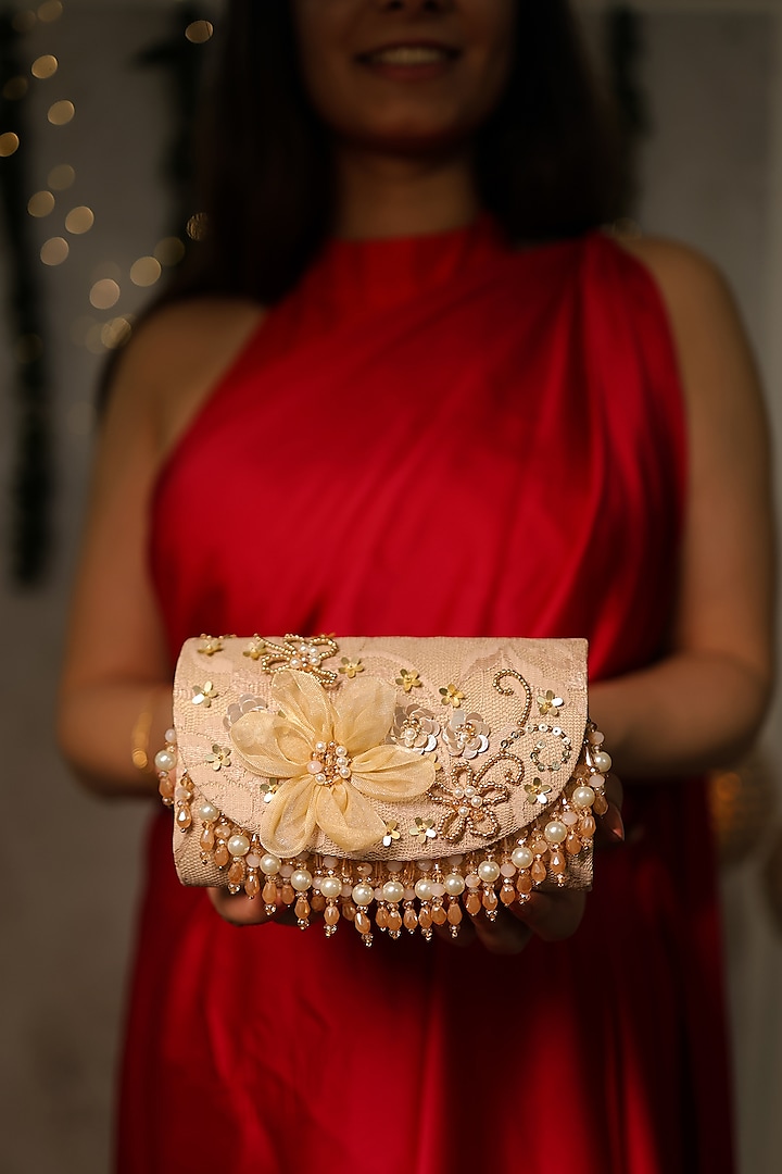 Gold Chantilly Floral Embroidered Clutch Bag by House of Vian at Pernia's Pop Up Shop