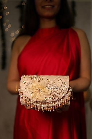 Gold Chantilly Floral Embroidered Clutch Bag by House of Vian