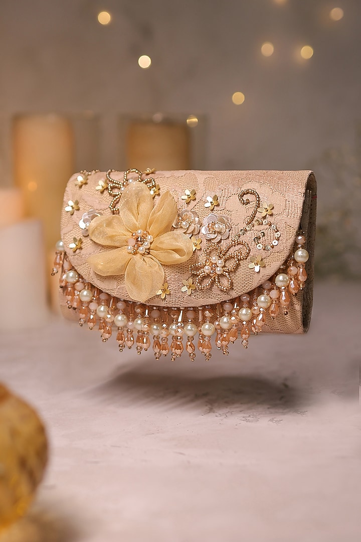 Gold Chantilly Floral Embroidered Clutch Bag by House of Vian at Pernia's Pop Up Shop