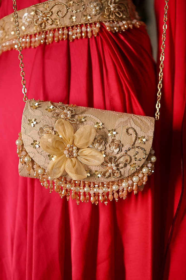 Gold Chantilly Floral Embroidered Clutch Bag by House of Vian at Pernia's Pop Up Shop