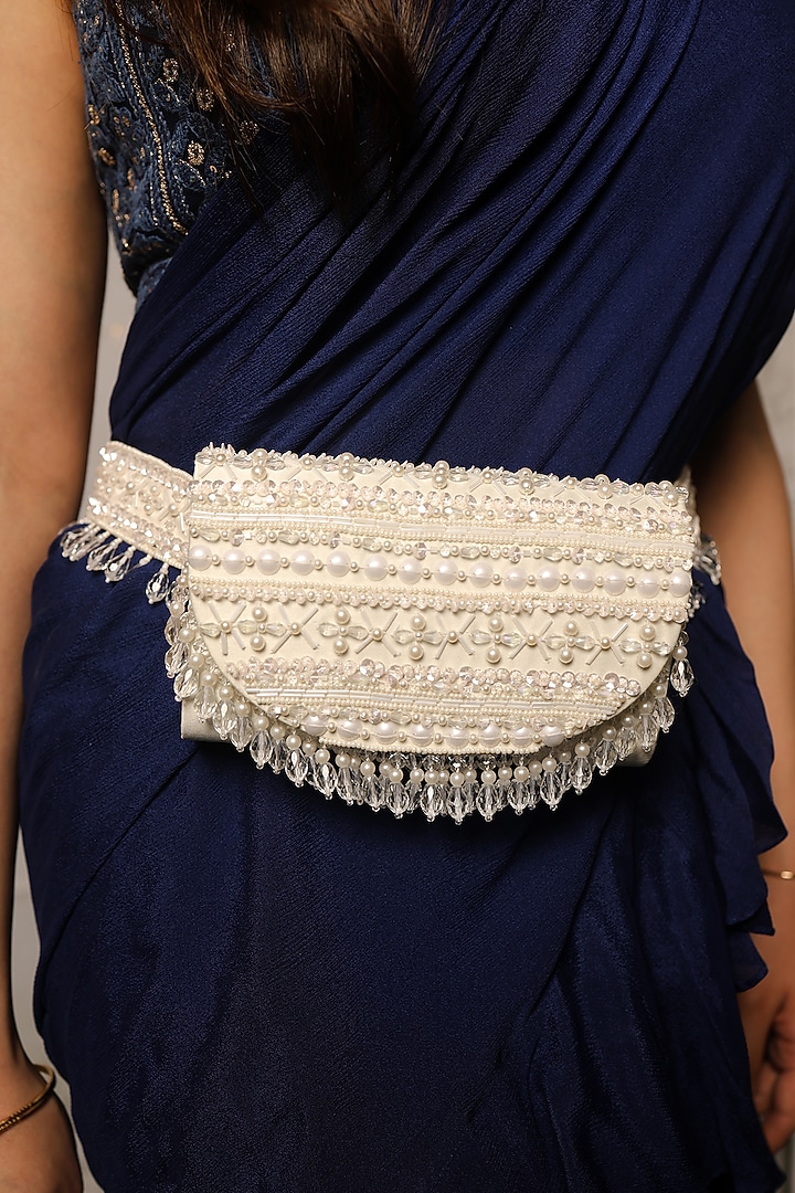 White Satin Crystal Embroidered Belt Bag by House of Vian at Pernia's Pop Up Shop