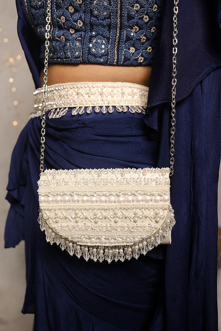 White Satin Crystal Embroidered Belt Bag by House of Vian at Pernia's Pop Up Shop