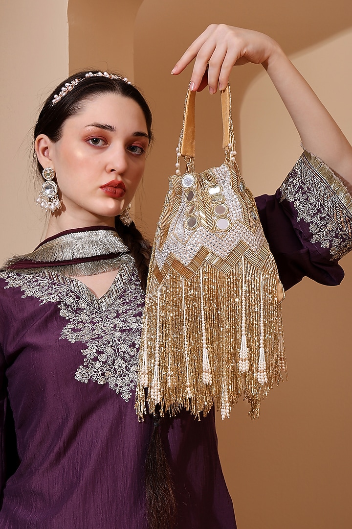Gold Silk Mirror & Cutdana Hand Embellished Potli by House of Webhin at Pernia's Pop Up Shop