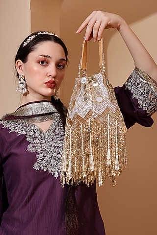 Gold Silk Mirror & Cutdana Hand Embellished Potli by House of Webhin