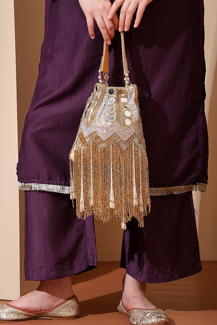 Gold Silk Mirror & Cutdana Hand Embellished Potli by House of Webhin at Pernia's Pop Up Shop