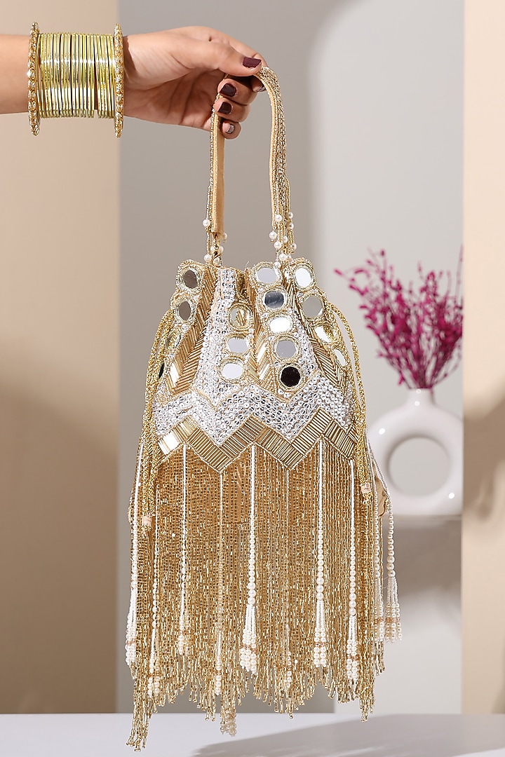 Gold Silk Mirror & Cutdana Hand Embellished Potli by House of Webhin at Pernia's Pop Up Shop