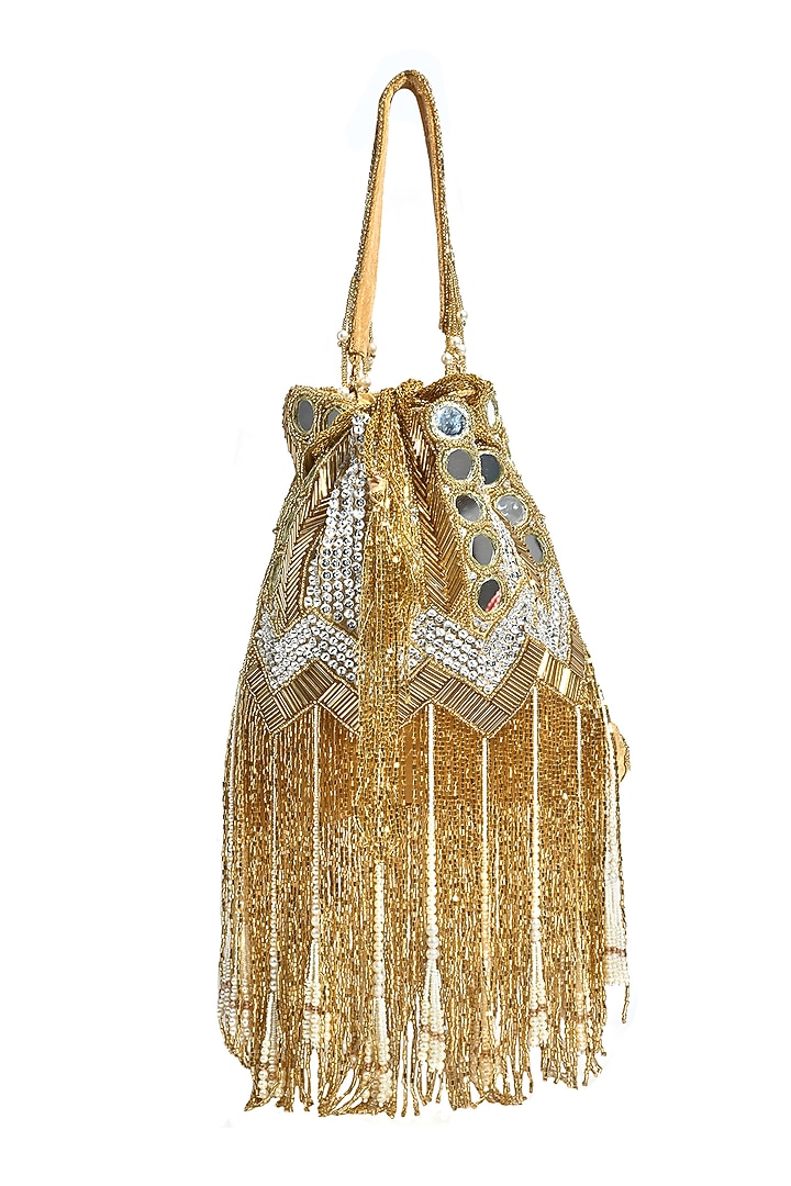 Gold Silk Mirror & Cutdana Hand Embellished Potli by House of Webhin at Pernia's Pop Up Shop