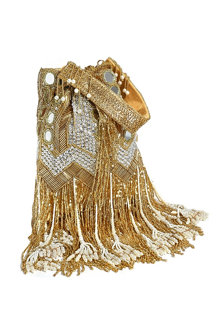 Gold Silk Mirror & Cutdana Hand Embellished Potli by House of Webhin at Pernia's Pop Up Shop