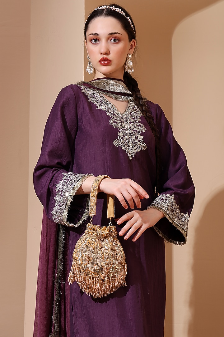 Gold Suede Sequins Hand Embellished Potli by House of Webhin at Pernia's Pop Up Shop