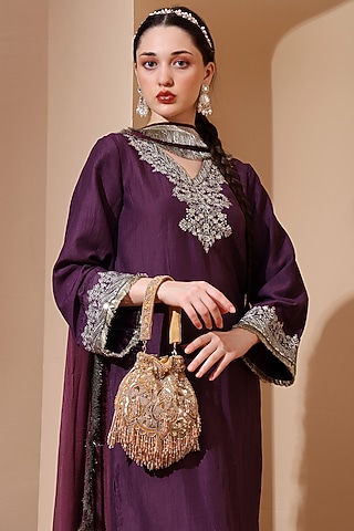 Gold Suede Sequins Hand Embellished Potli by House of Webhin
