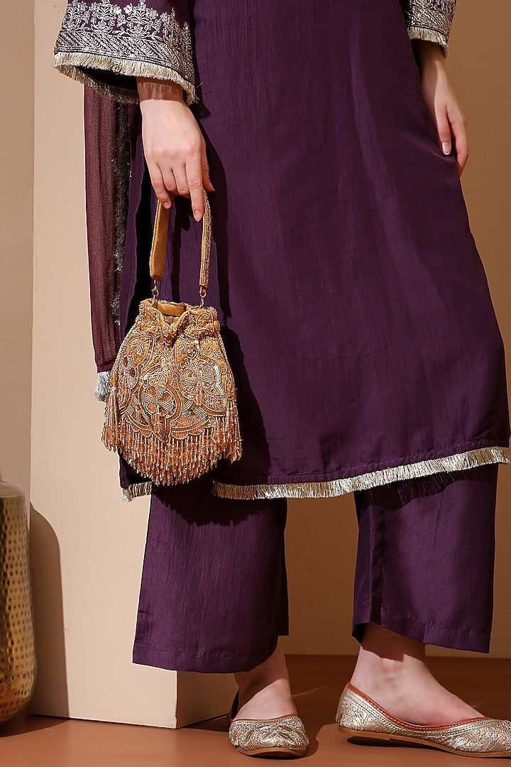 Gold Suede Sequins Hand Embellished Potli by House of Webhin at Pernia's Pop Up Shop