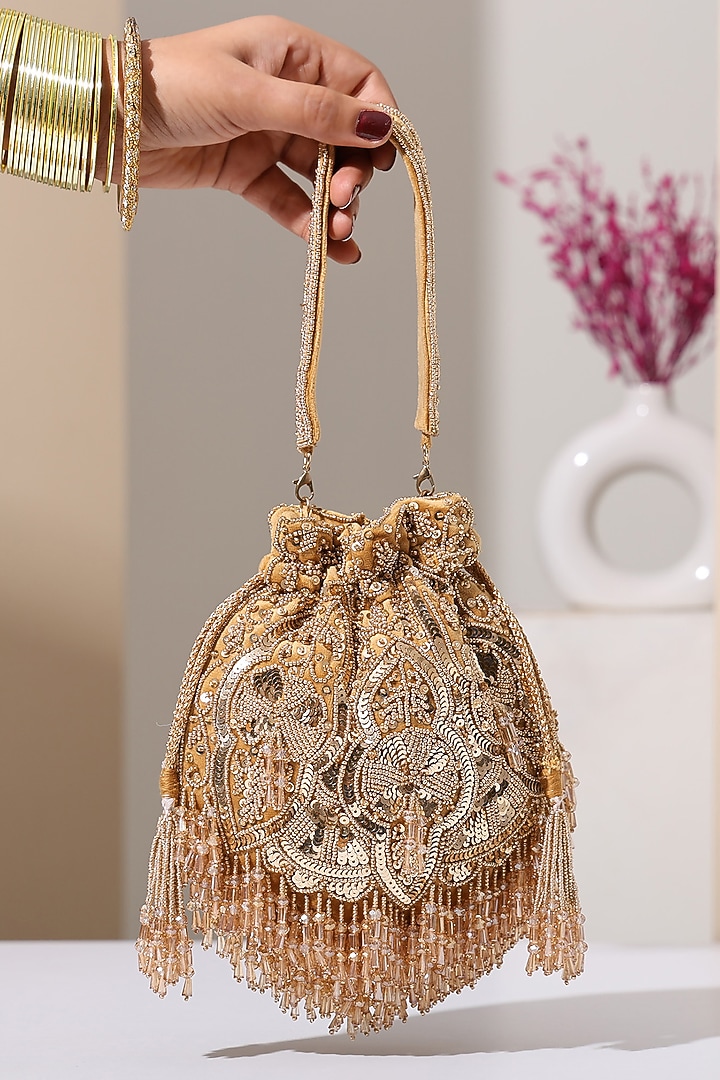 Gold Suede Sequins Hand Embellished Potli by House of Webhin at Pernia's Pop Up Shop