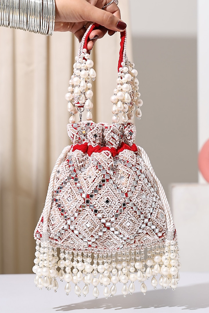 Red Velvet Hand Embroidered Potli by House of Webhin at Pernia's Pop Up Shop