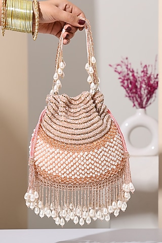 Peach Silk Hand Embroidered Potli by House of Webhin