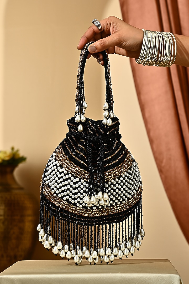 Black Silk Hand Embroidered Potli by House of Webhin at Pernia's Pop Up Shop