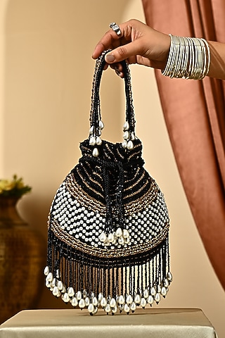 Black Silk Hand Embroidered Potli by House of Webhin