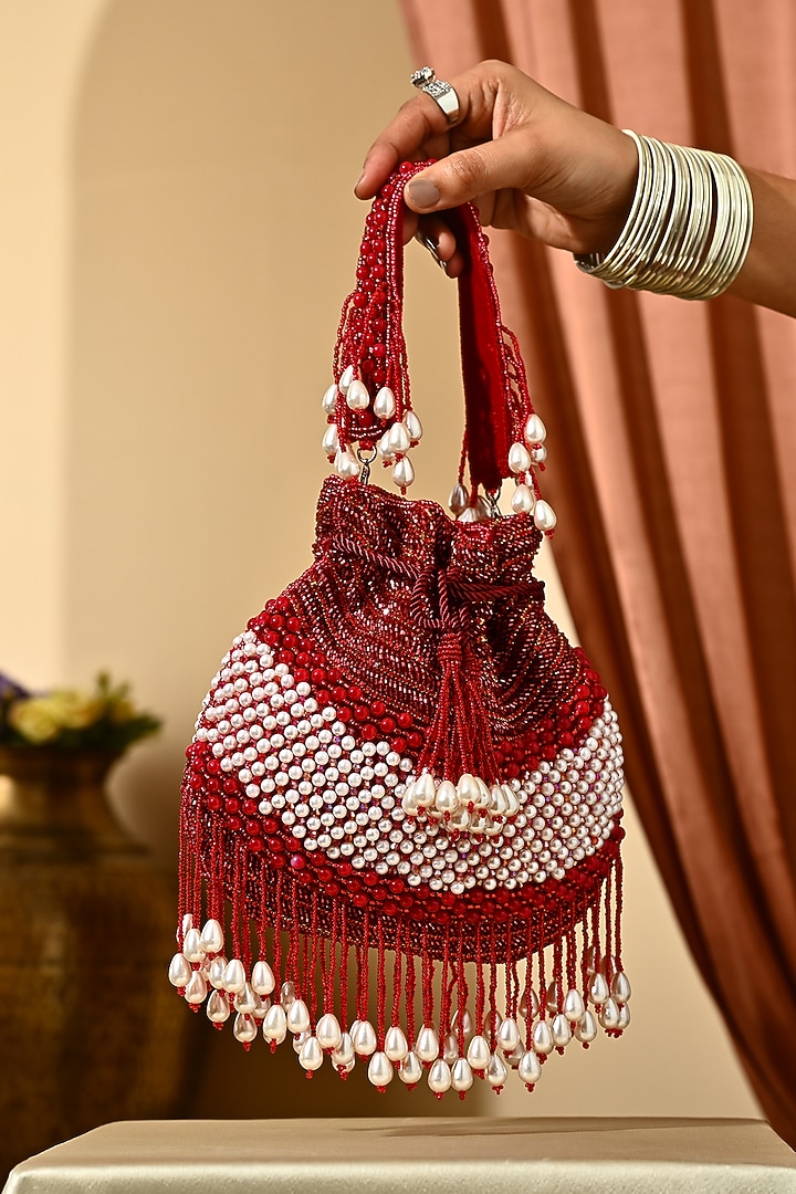 Red Silk Cutdana Hand Embroidered Potli by House of Webhin at Pernia's Pop Up Shop