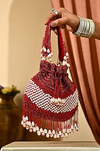 Red Silk Cutdana Hand Embroidered Potli by House of Webhin
