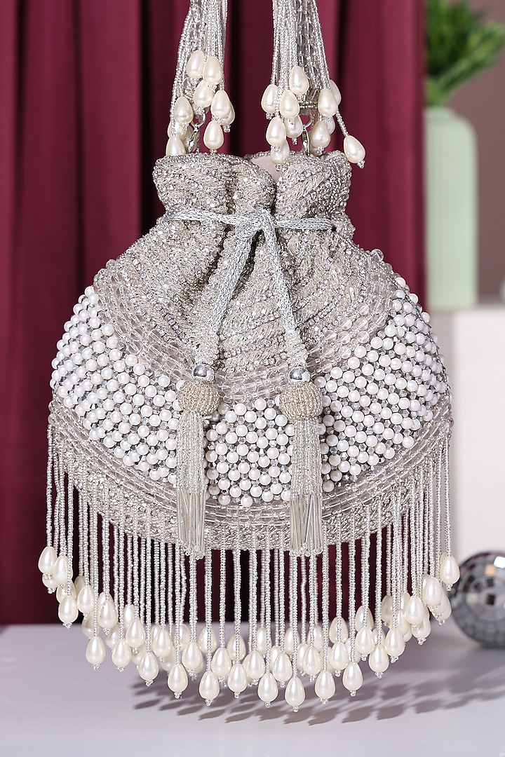 Silver Silk Hand Embroidered Potli by House of Webhin at Pernia's Pop Up Shop