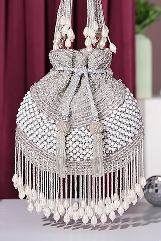 Silver Silk Hand Embroidered Potli by House of Webhin