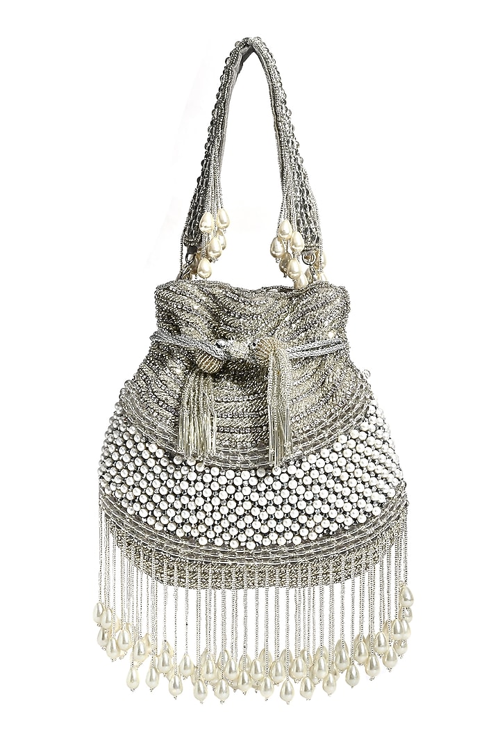 Silver Silk Hand Embroidered Potli by House of Webhin at Pernia's Pop Up Shop