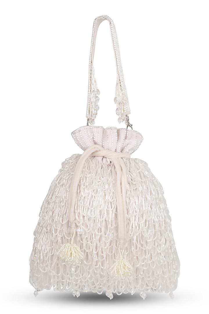 White Satin & Silk Hand Embroidered Potli by House of Webhin at Pernia's Pop Up Shop