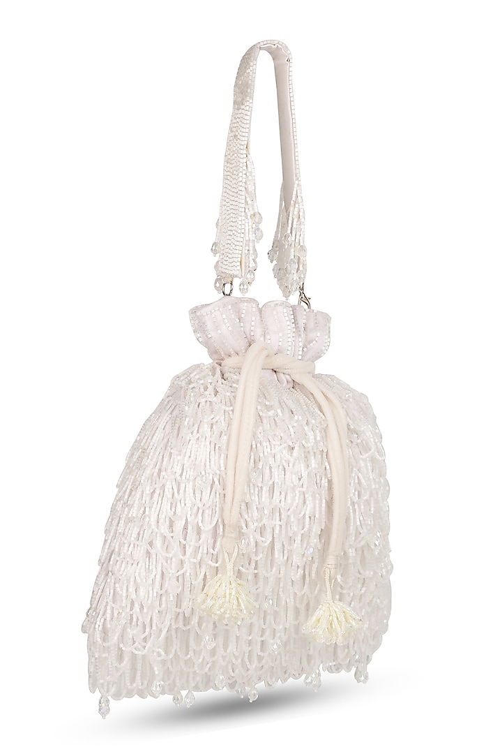 White Satin & Silk Hand Embroidered Potli by House of Webhin at Pernia's Pop Up Shop