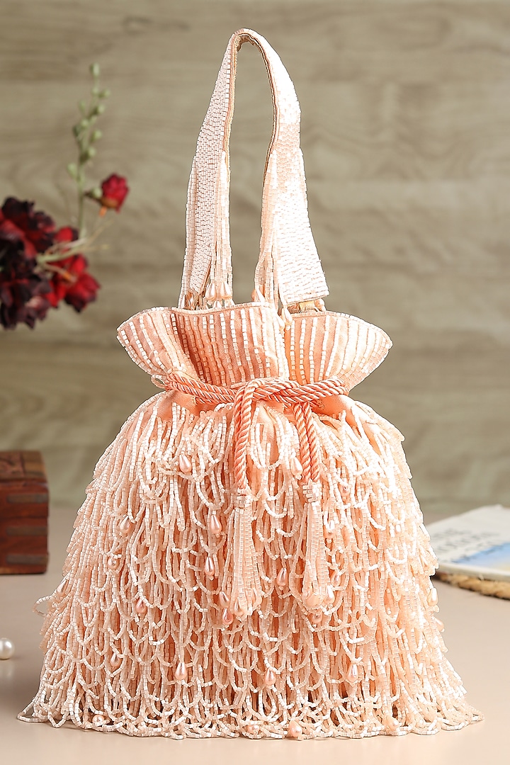 Peach Satin Hand Embroidered Potli by House of Webhin at Pernia's Pop Up Shop