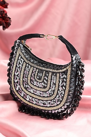 Black Suede Sequins Hand Embroidered Clutch by House of Webhin