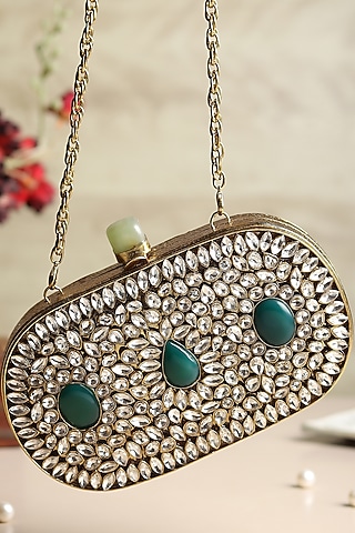Gold Brass Embellished Clutch by House of Webhin