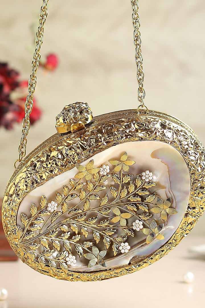 Gold Brass & Mother Of Pearl Clutch by House of Webhin at Pernia's Pop Up Shop