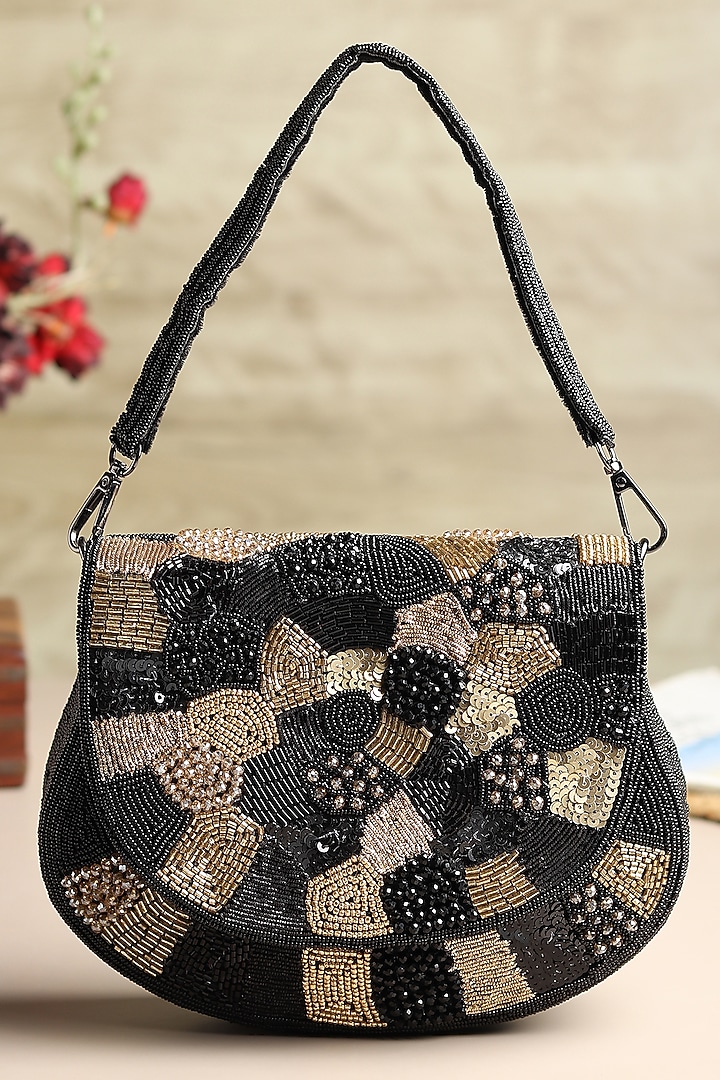 Black Silk Cutdana Hand Embroidered Clutch by House of Webhin at Pernia's Pop Up Shop