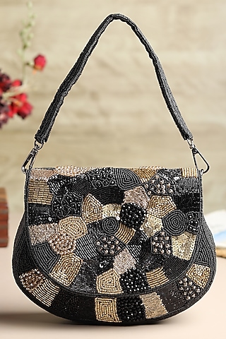 Black Silk Cutdana Hand Embroidered Clutch by House of Webhin