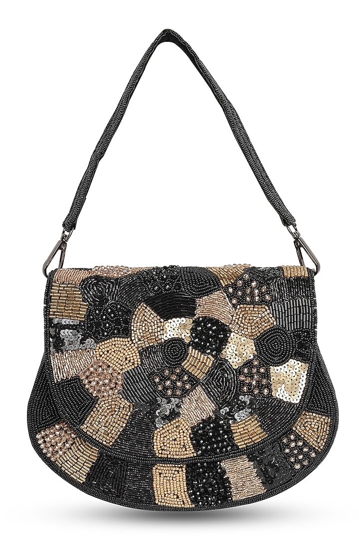 Black Silk Cutdana Hand Embroidered Clutch by House of Webhin at Pernia's Pop Up Shop