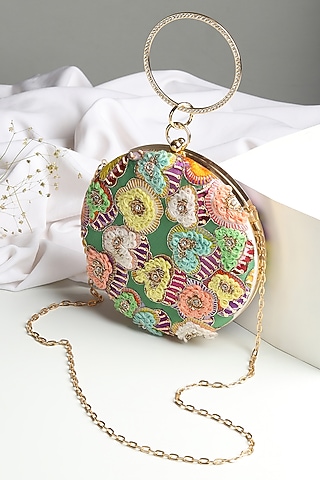 Green Metal Digital Printed & Handwork Clutch by House of Webhin